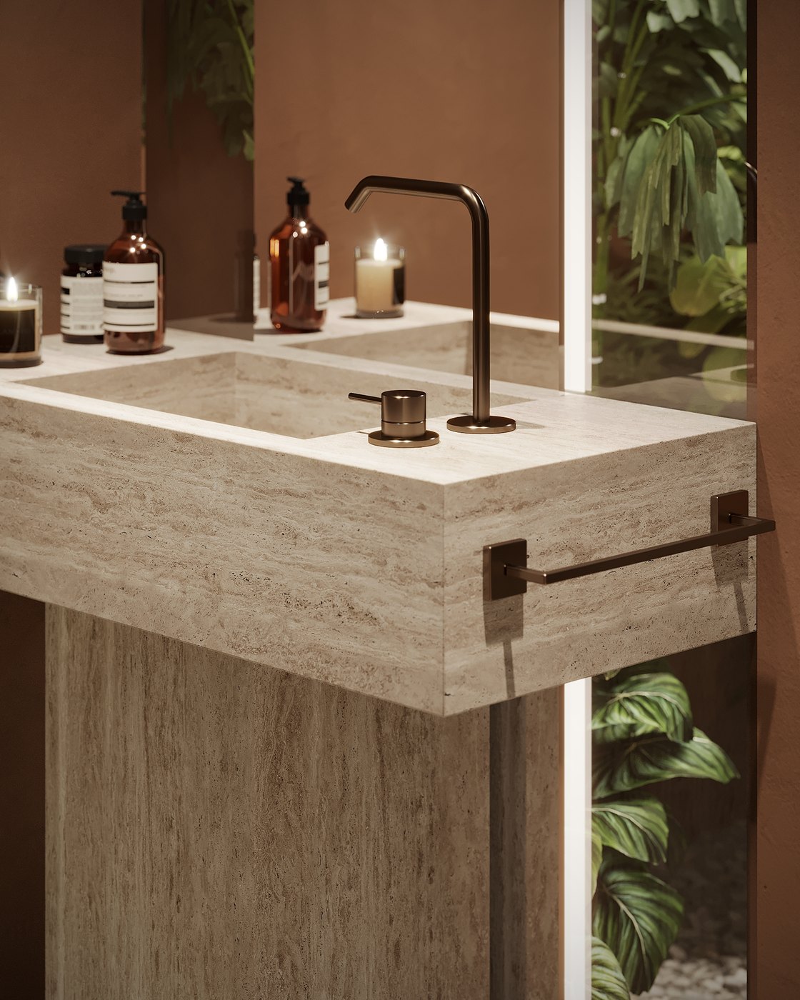 Travertine washbasin against a planted wall