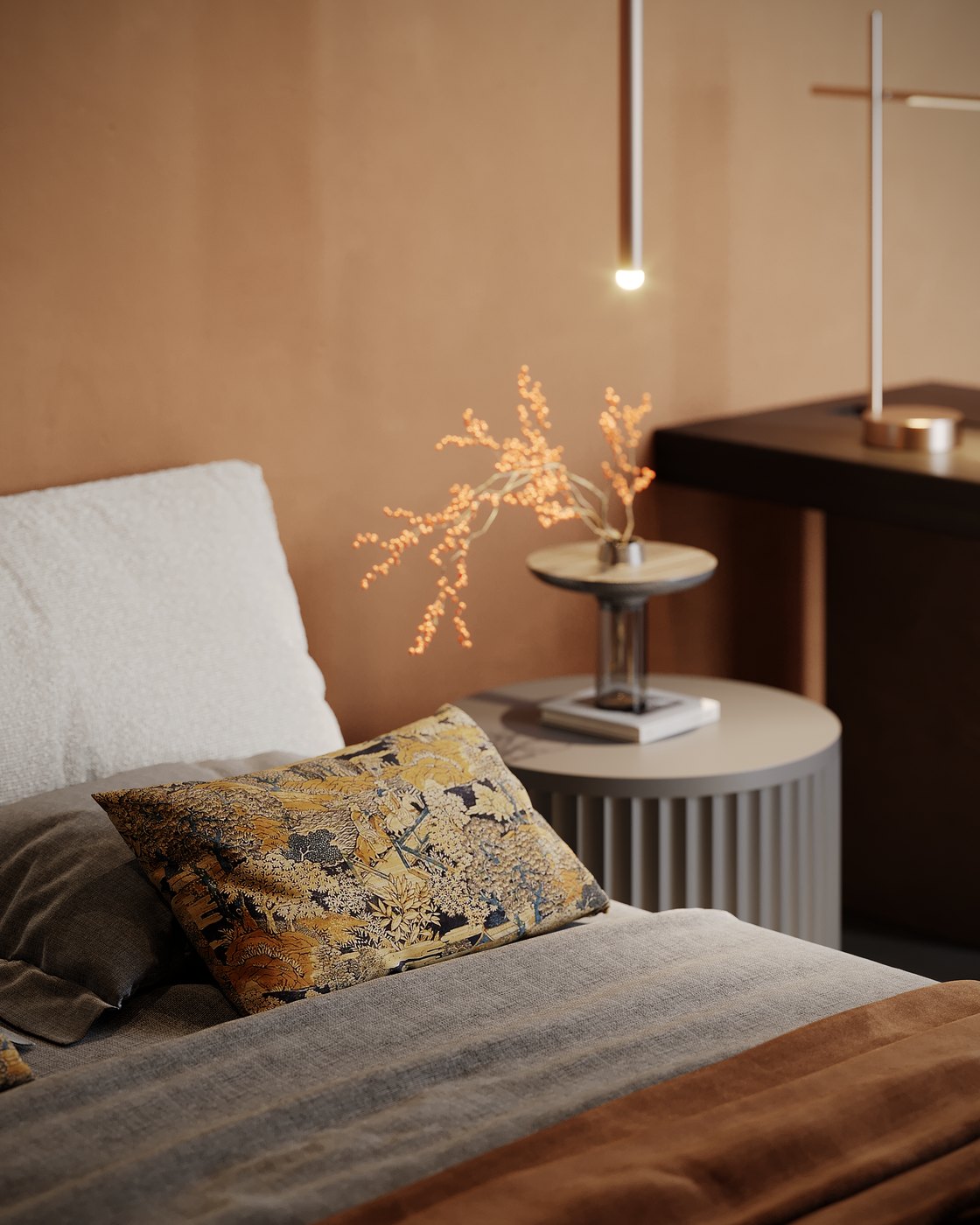 Bedroom with a bedside working corner