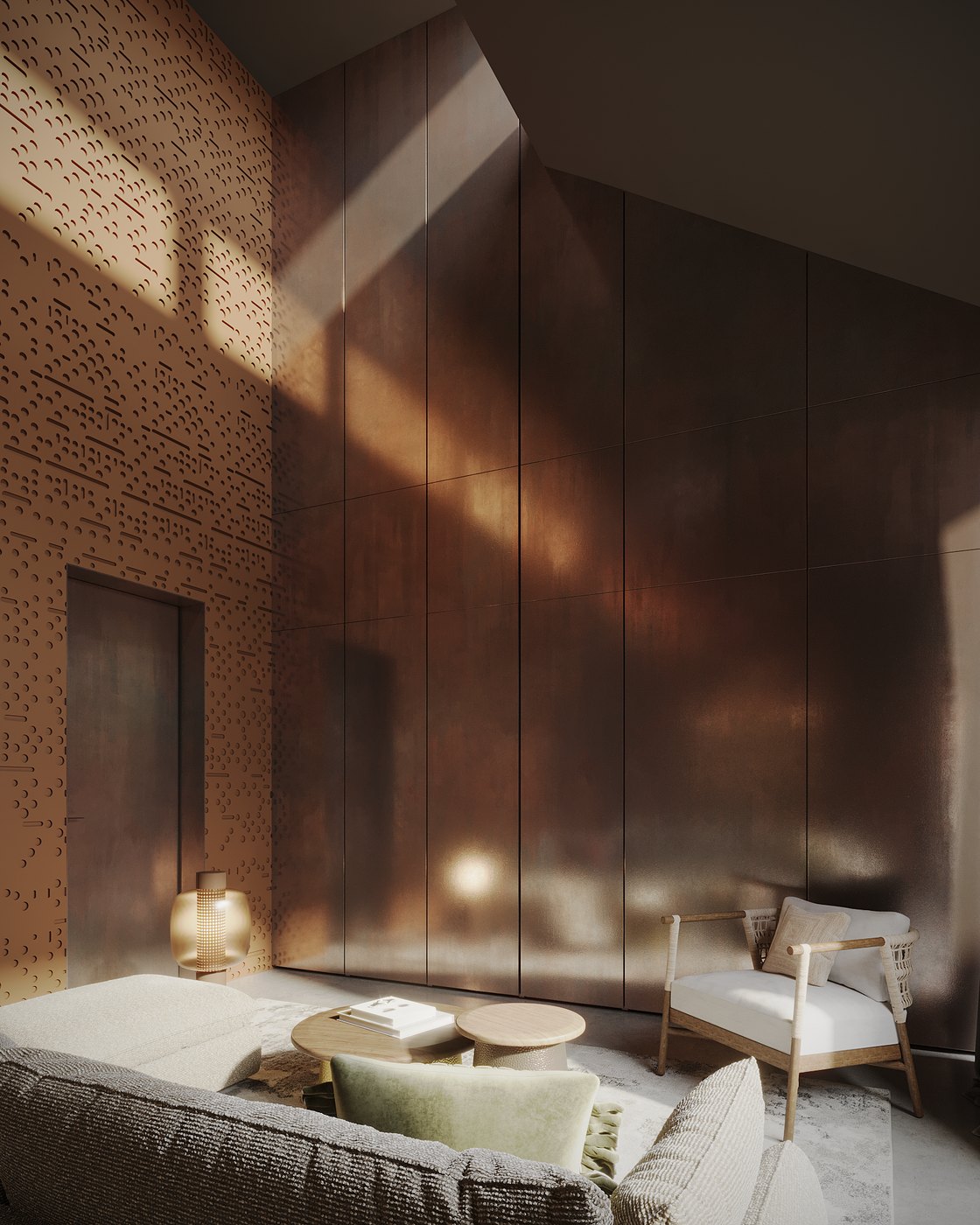 Interior with a full-height textured wall