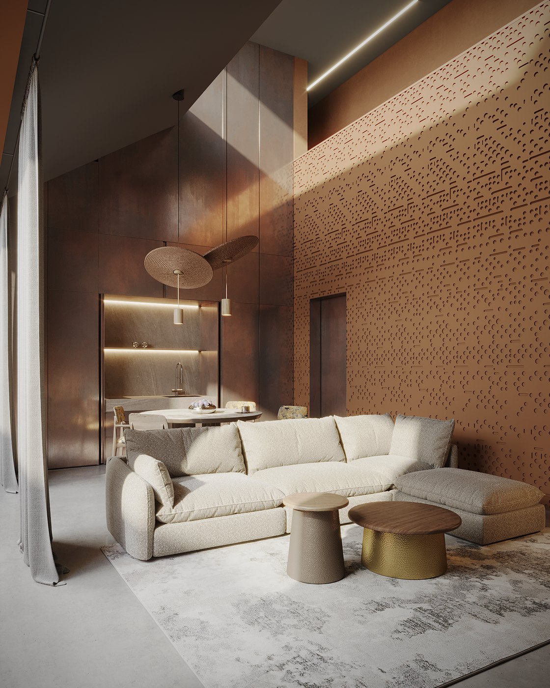 Living room behind sheer floor-to-ceiling curtains