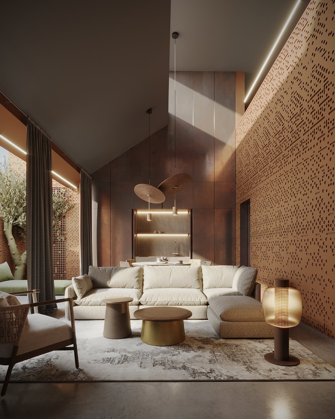 Living room under a pitched six-metre ceiling