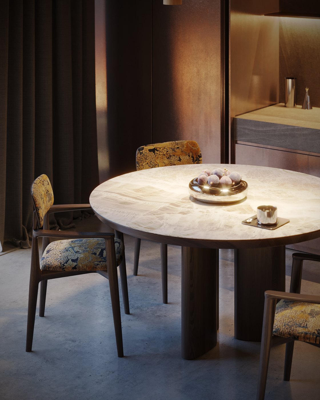 Dining area of a villa after dark