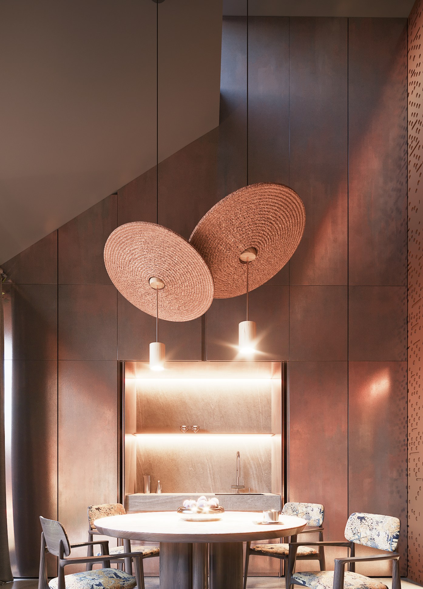 Dining area under a six-metre ceiling with woven pendant lamps
