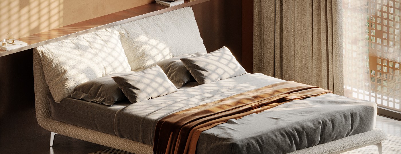 Bedroom in the soft shade of sun-screening panels