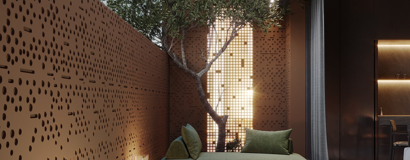 Private courtyard with a tree behind a perforated terracotta screen
